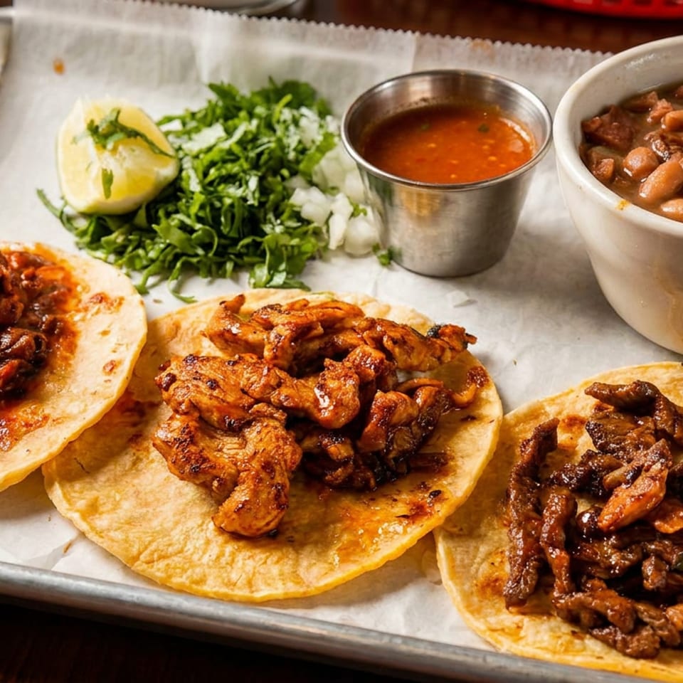 Tray of three meat-filled tacos with lime, cilantro, onions, red salsa, and a bowl of beans.