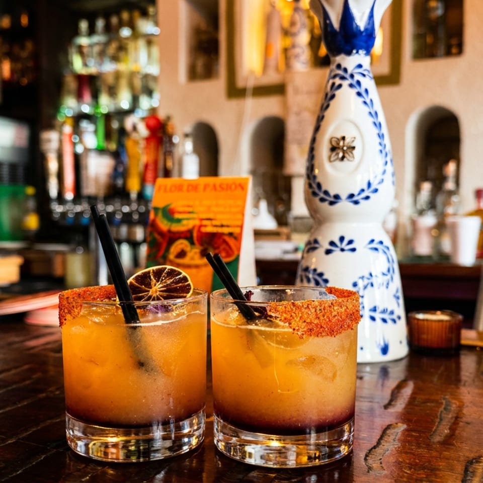 Two orange cocktails with chili-salt rims, citrus garnishes, and straws sit on a polished wooden bar beside a decorative bottle.