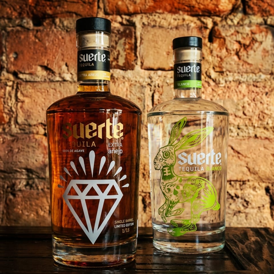 Two Suerte tequila bottles, including extra añejo and blanco, displayed on a wooden table against a rustic brick wall.