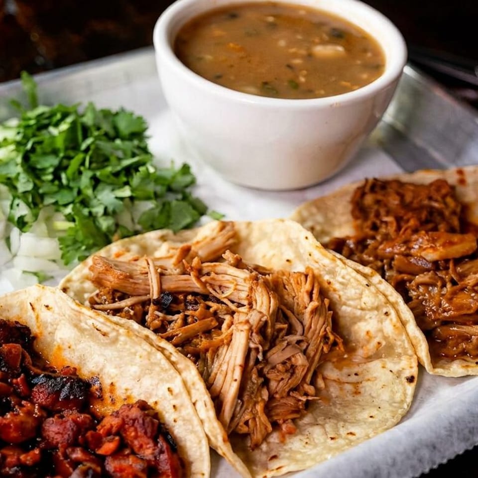 Three tacos with grilled meats, cilantro, lime, salsa, and soup served on a metal tray.