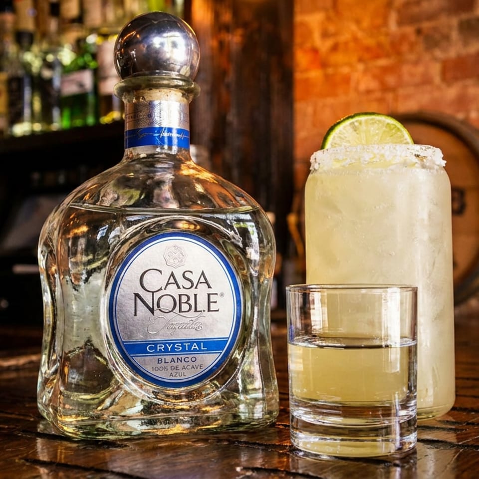 Casa Noble Crystal Blanco tequila bottle beside a salted lime cocktail and tequila shot on a wooden bar.