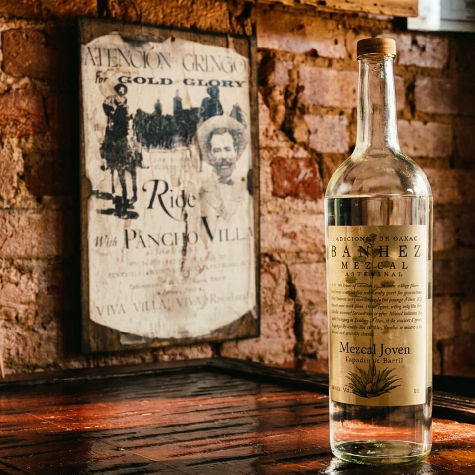 Bottle of Banhez mezcal displayed on a rustic wooden table against an exposed brick wall with vintage Mexican artwork.