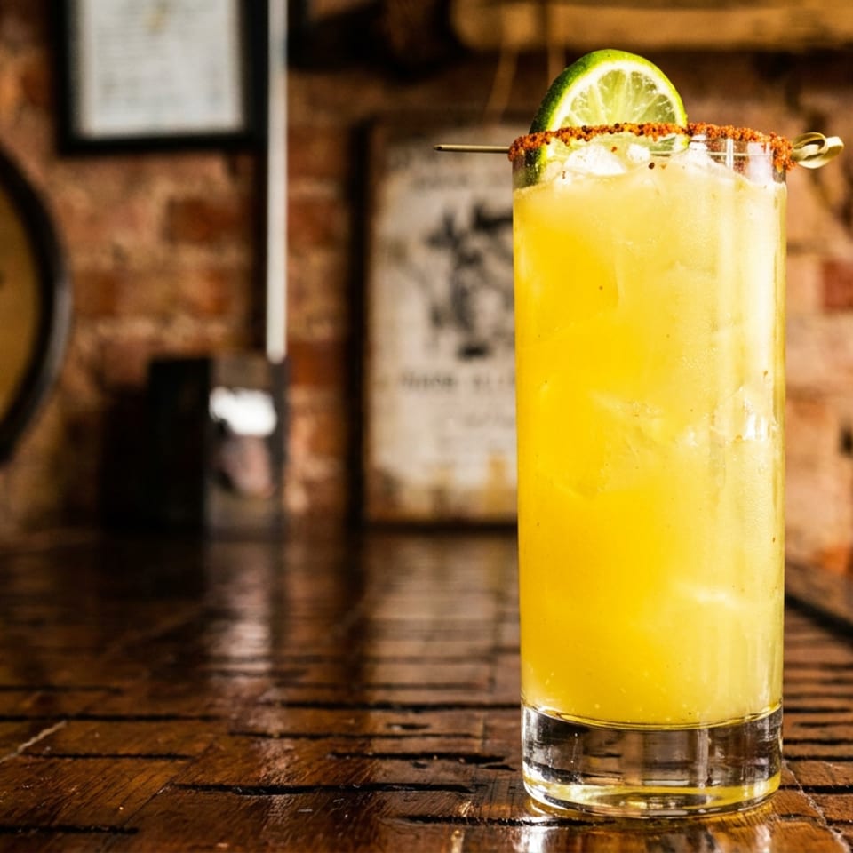 Bright yellow cocktail with a chili-salt rim, lime wedge, and skewer sits on a rustic wooden bar.