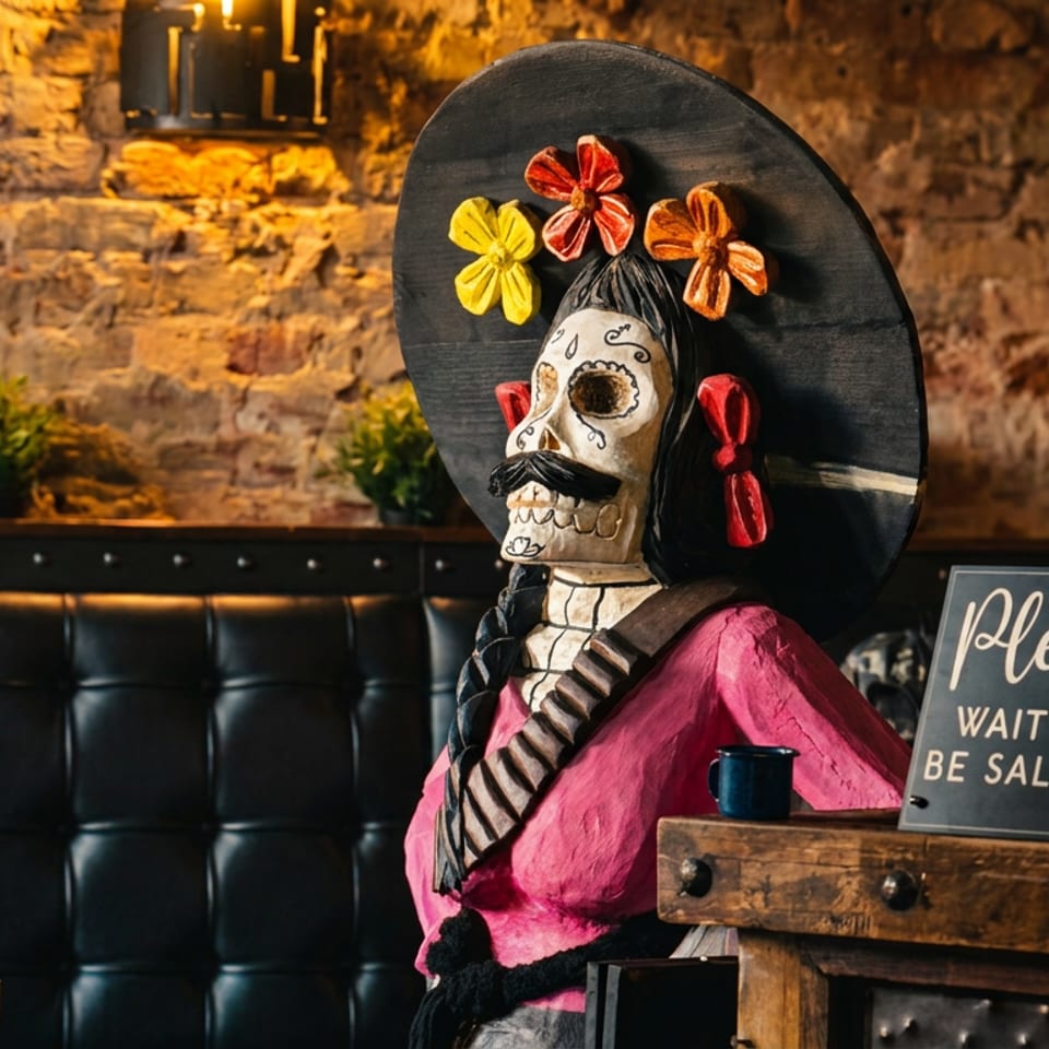 Decorative skeleton wearing a sombrero and pink mariachi outfit sits in a restaurant booth beside a “Please wait” sign.