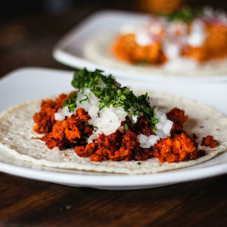 Soft corn tacos filled with seasoned red meat, topped with diced onion and cilantro on white plates.