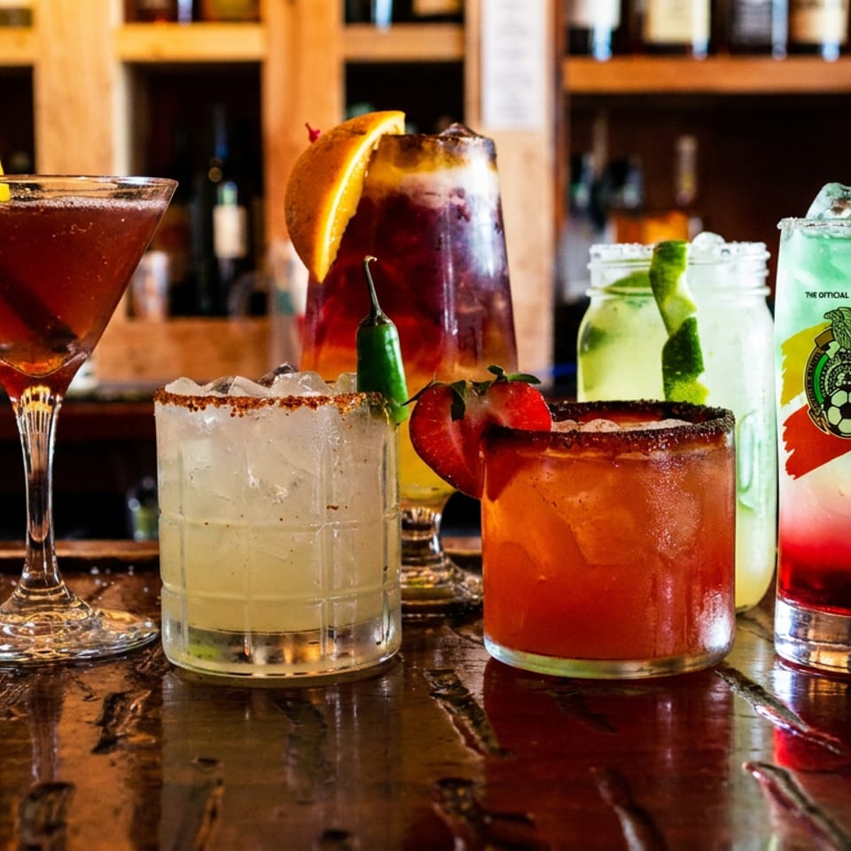 Colorful cocktails with citrus garnishes and chili rims displayed on a wooden bar in a warmly lit restaurant.