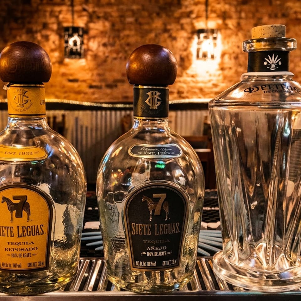 Two Siete Leguas tequila bottles and a tall decanter displayed on a warmly lit rustic restaurant bar.