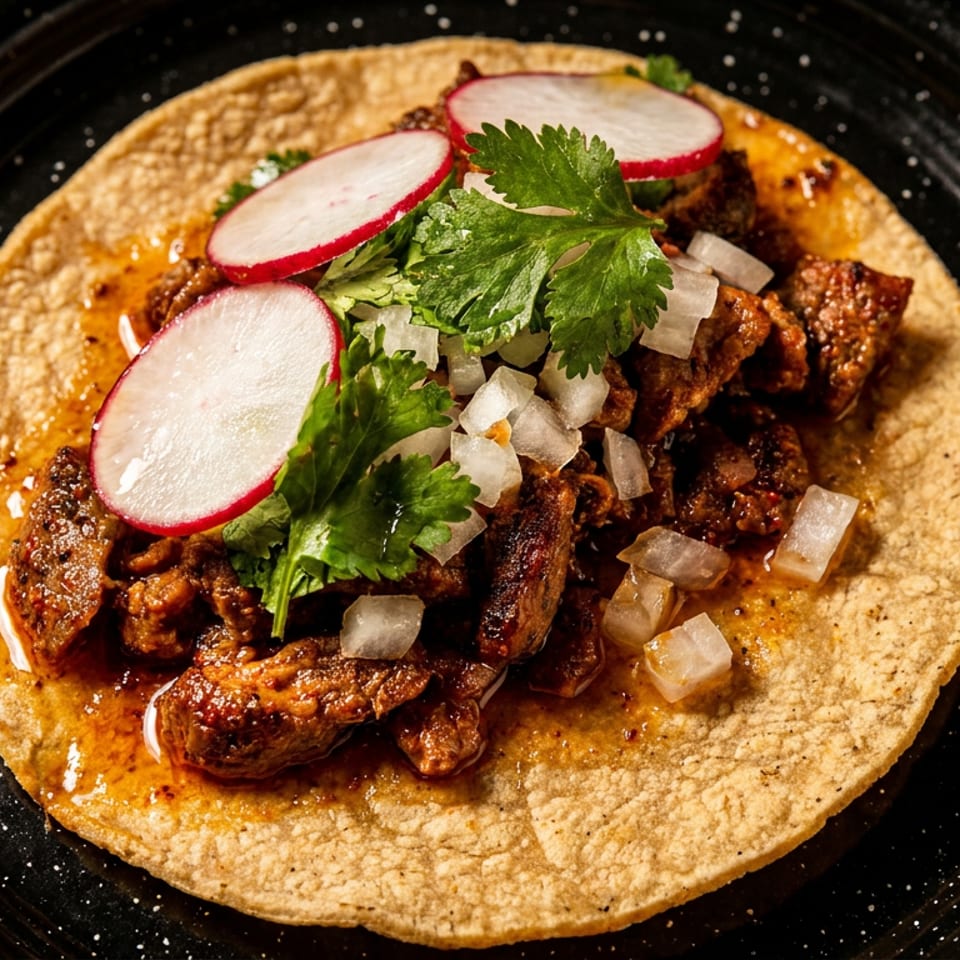 Soft corn tortilla topped with seasoned meat, diced onions, cilantro, and radish slices on a black plate.