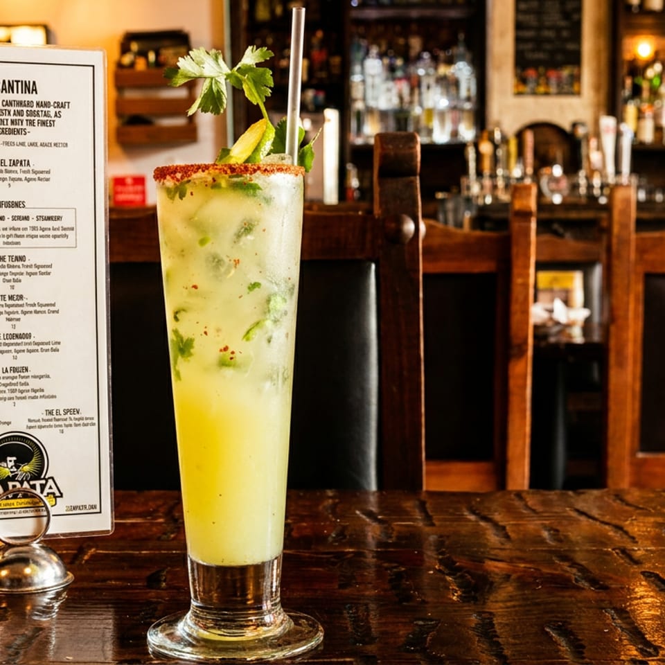 Tall citrus cocktail with chili-salt rim, ice, lime, and cilantro garnishes on a wooden table beside a La Cantina menu.